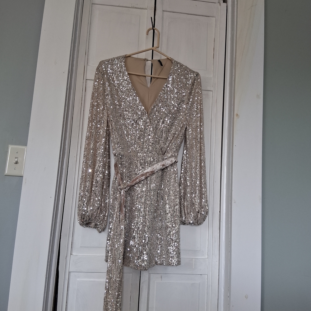 Blanc Sparkling Champagne Sequin Wrap Mini Dress with Belt